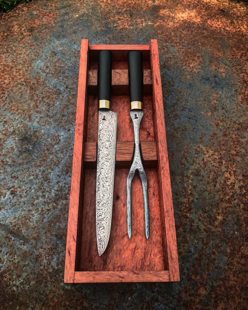 Image of Damascus steel carving set in timber box