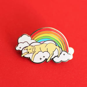 Image of Rainbow cloud dog hard enamel pin - sleeping dog - yellow labrador - iridescent glitter - dog pin