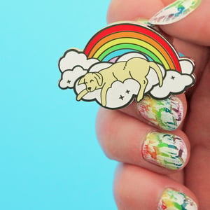 Image of Rainbow cloud dog hard enamel pin - sleeping dog - yellow labrador - iridescent glitter - dog pin
