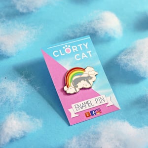 Image of Rainbow cloud cat hard enamel pin - sleeping grey cat - iridescent glitter - cat pin