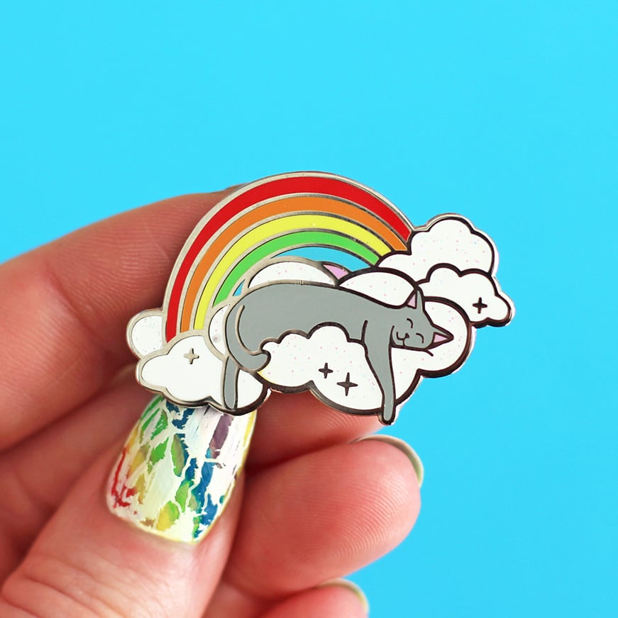 Image of Rainbow cloud cat hard enamel pin - sleeping grey cat - iridescent glitter - cat pin