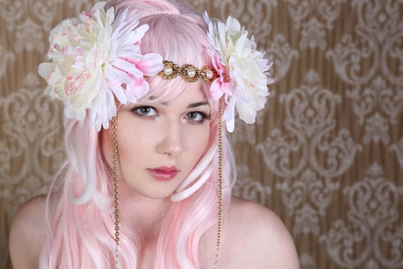 Image of White Peonies and Pearls Queen Crown, Flower Crown, Festive Crown, Wedding Crown