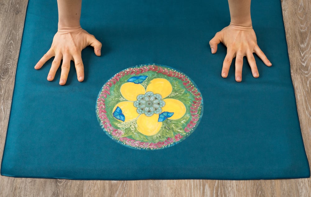Image of Mandala Yoga Towel - Teal with Blue Butterflies and Mexican Moon
