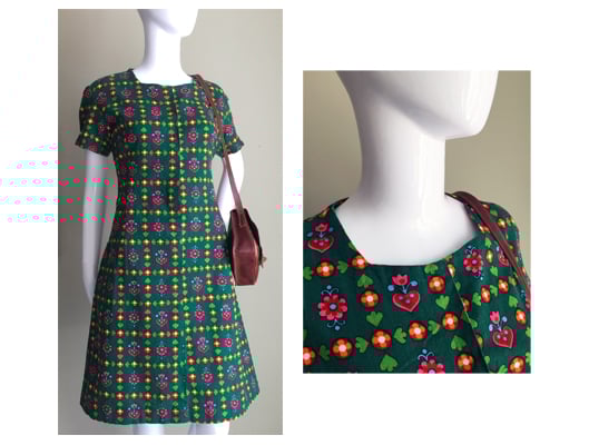 Image of Size 12 - 1960s Green Orange Pink Kitsch Flower Hearts COTTON Dress - Mod - Vtg