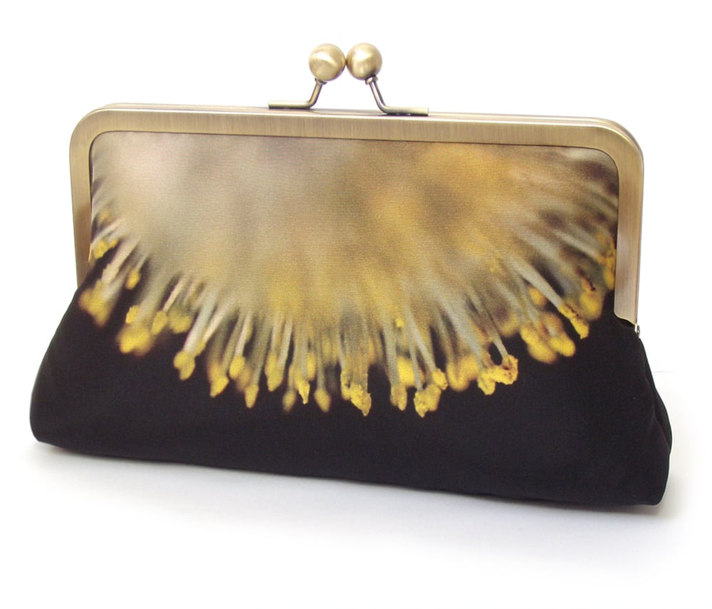 Image of Yellow catkin, printed silk clutch bag with chain handle