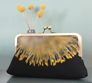 Image of Yellow catkin, printed silk clutch bag with chain handle