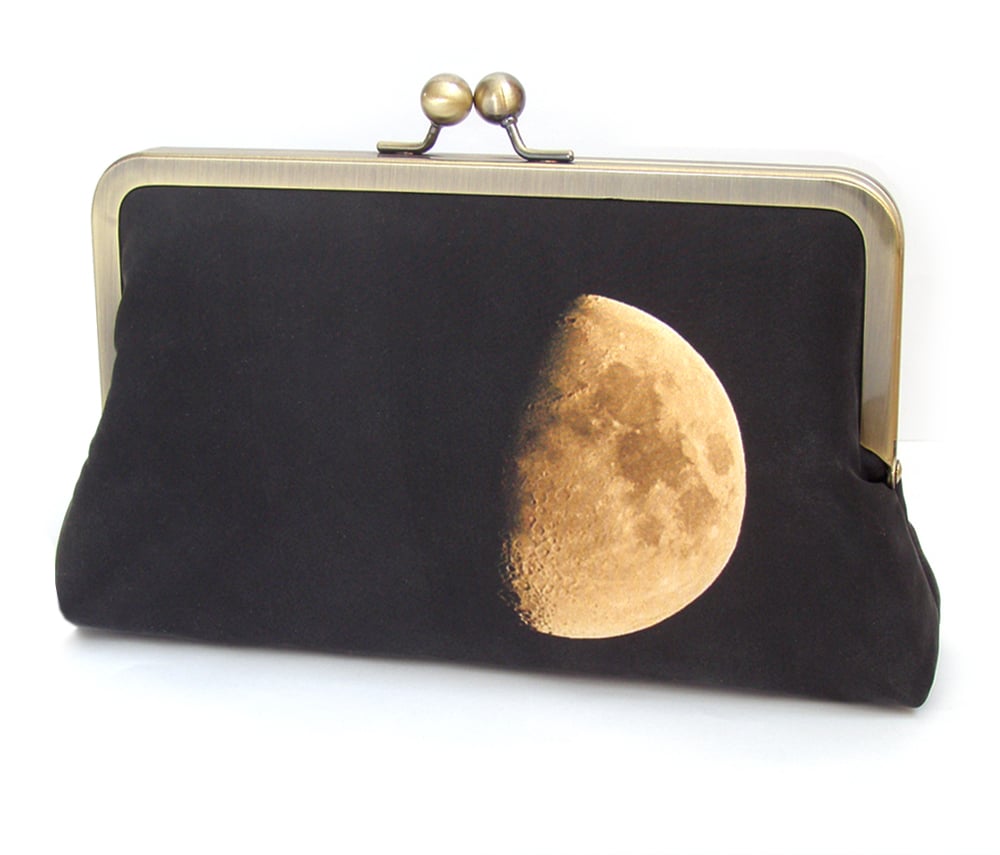 Image of Yellow moon, printed silk clutch bag + chain handle