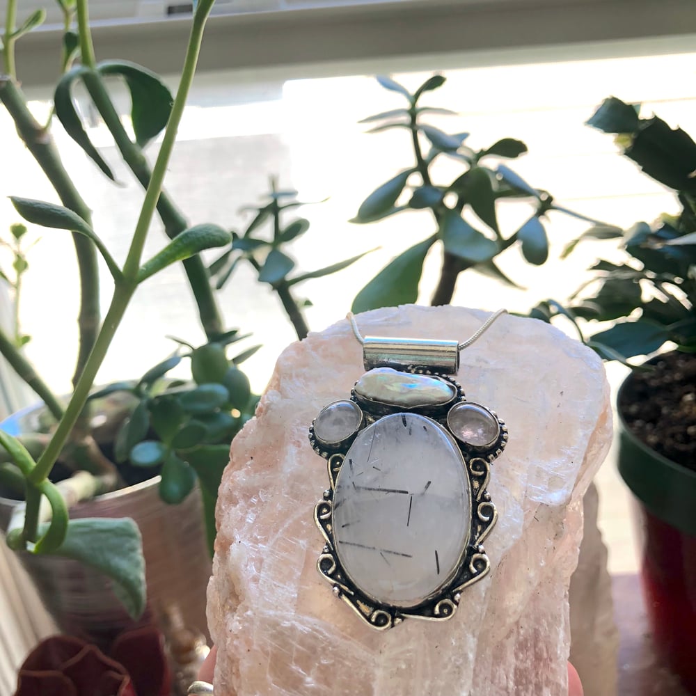 Image of Tourmalated Quartz, Rose Quartz & Biwa Pearl Sterling Silver Amulet