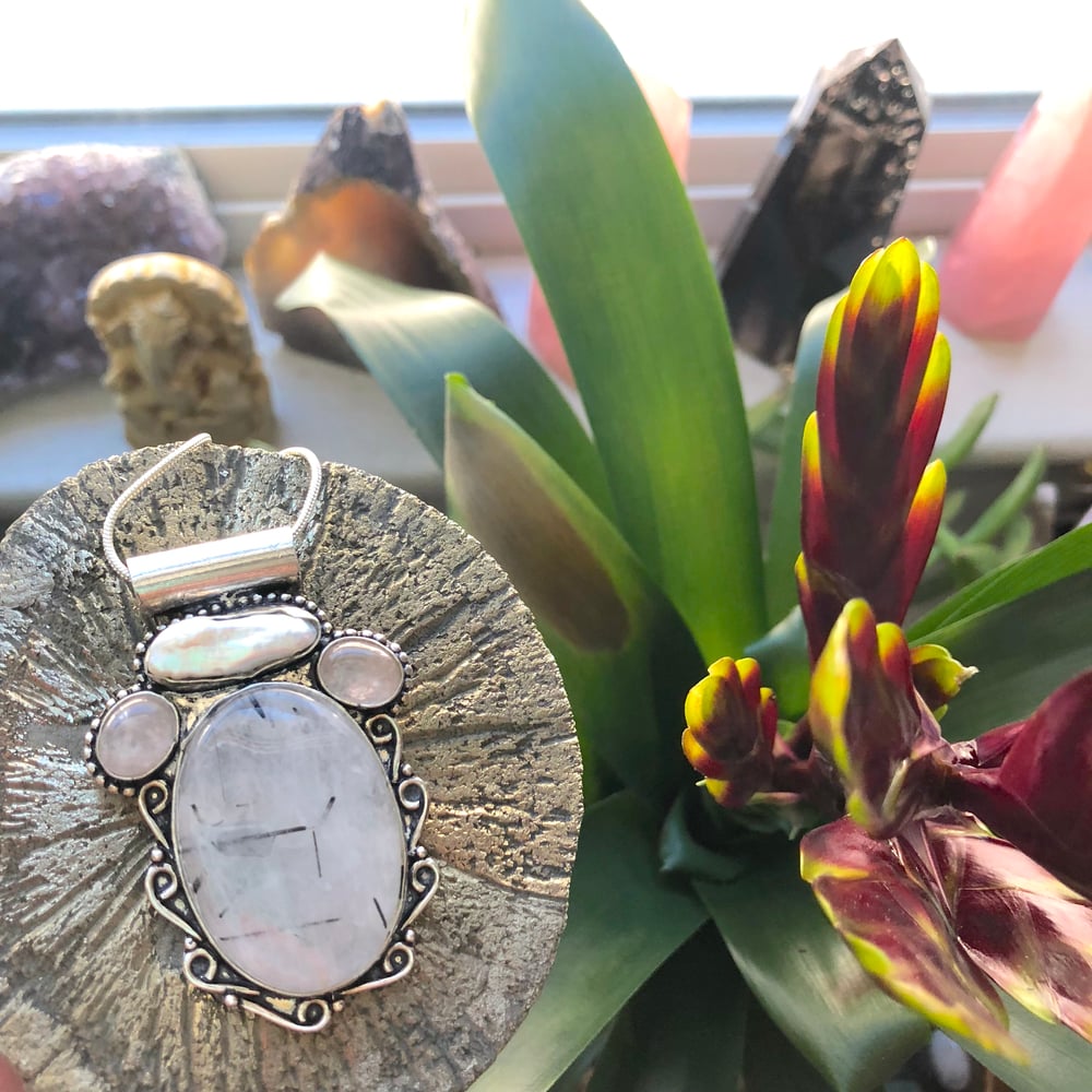 Image of Tourmalated Quartz, Rose Quartz & Biwa Pearl Sterling Silver Amulet