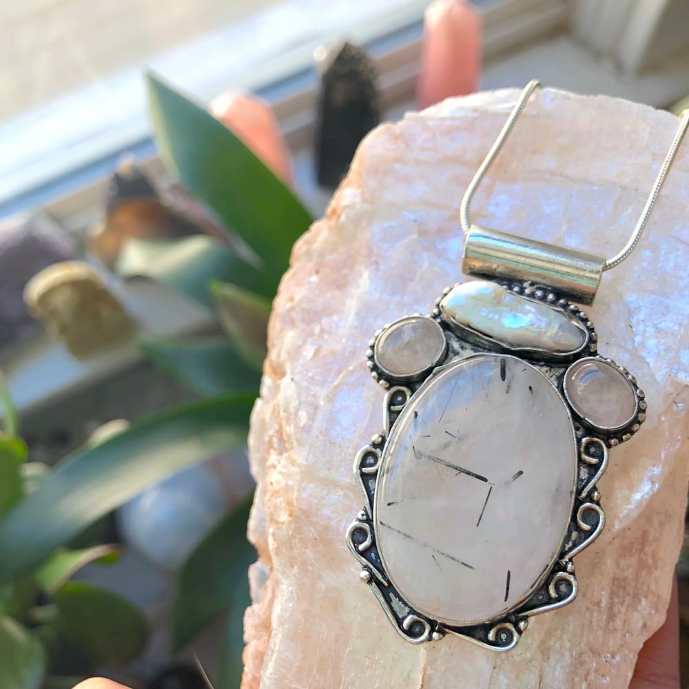 Image of Tourmalated Quartz, Rose Quartz & Biwa Pearl Sterling Silver Amulet