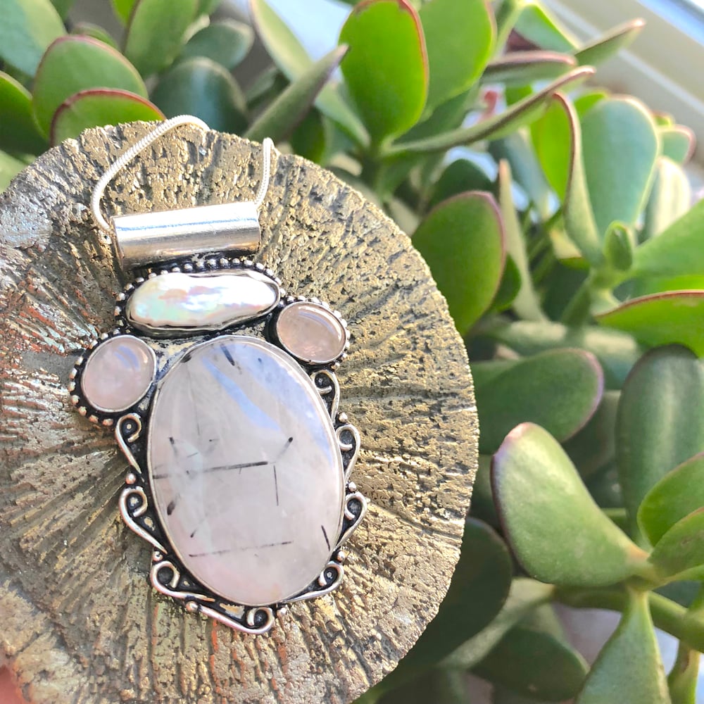 Image of Tourmalated Quartz, Rose Quartz & Biwa Pearl Sterling Silver Amulet