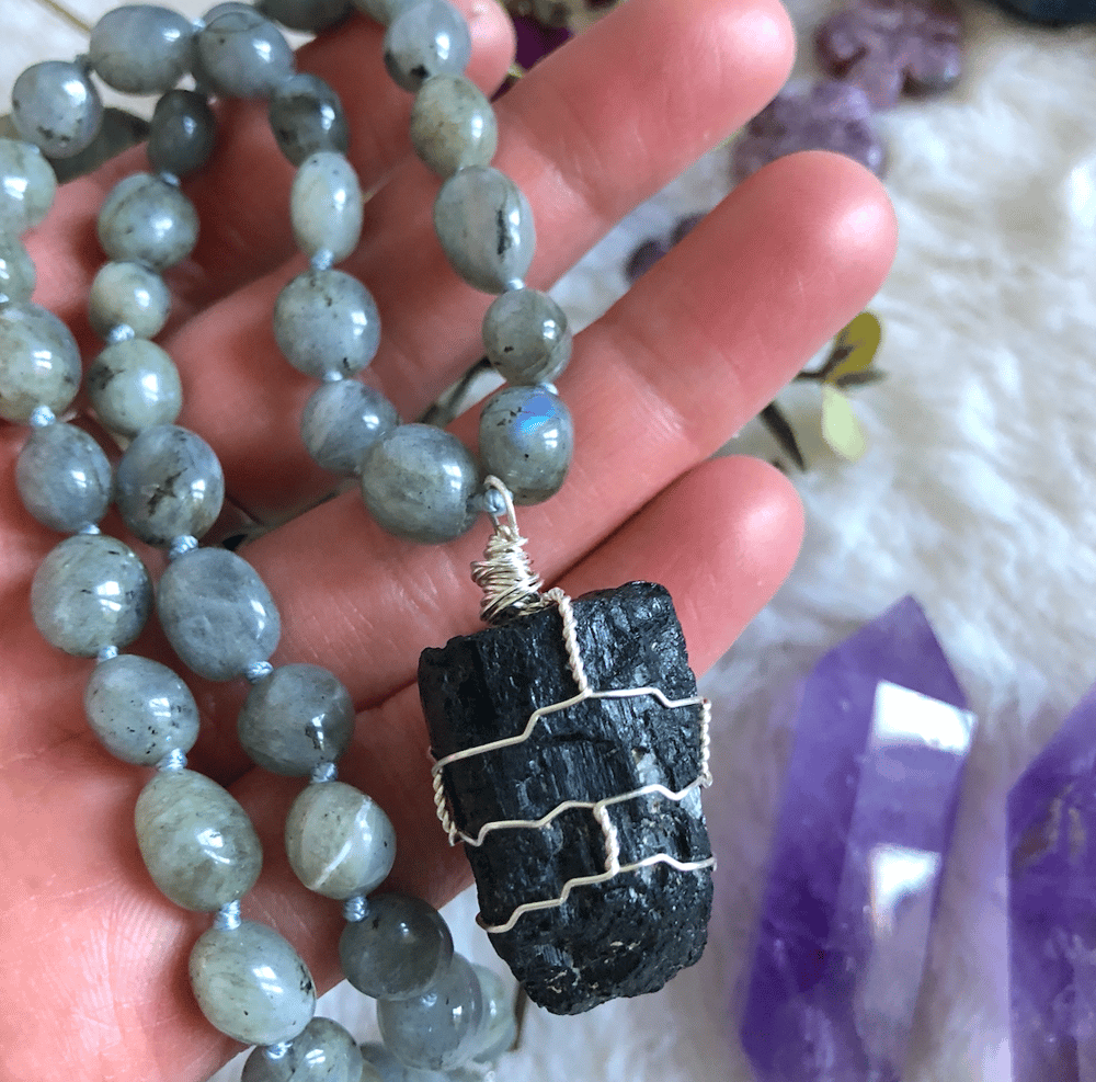 Image of Wire-Wrapped Black Tourmaline & Hand-Knotted Labradorite Necklace