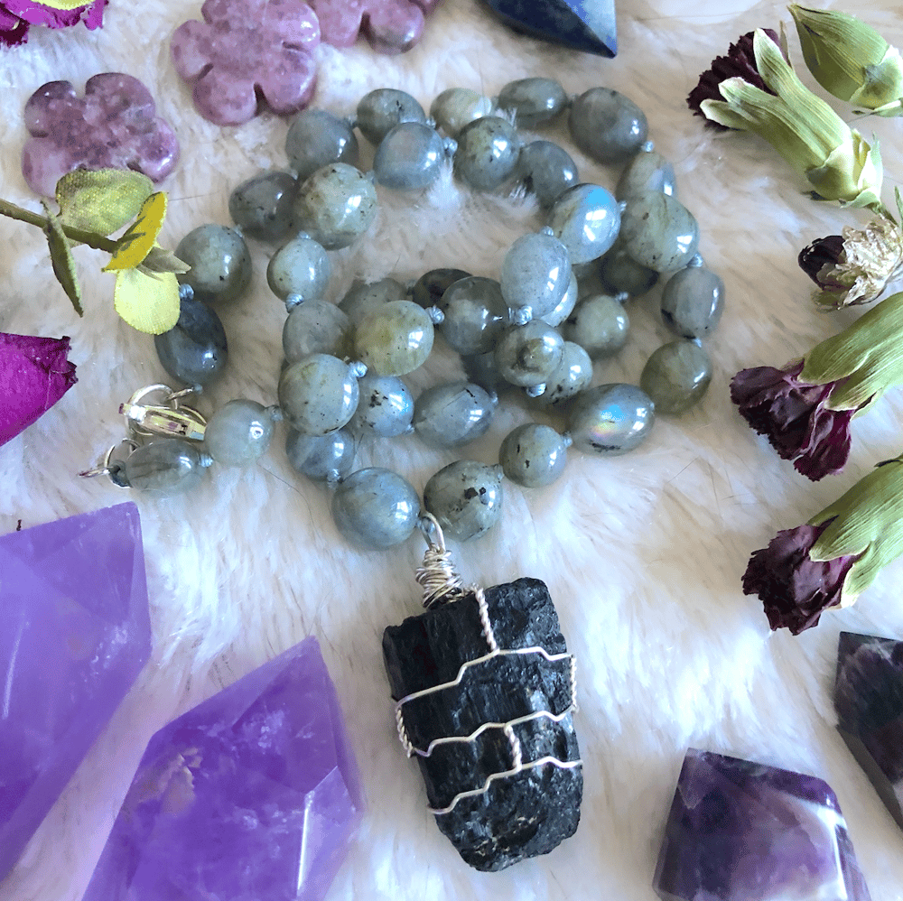 Image of Wire-Wrapped Black Tourmaline & Hand-Knotted Labradorite Necklace