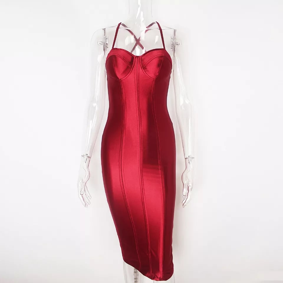 red silk midi dress