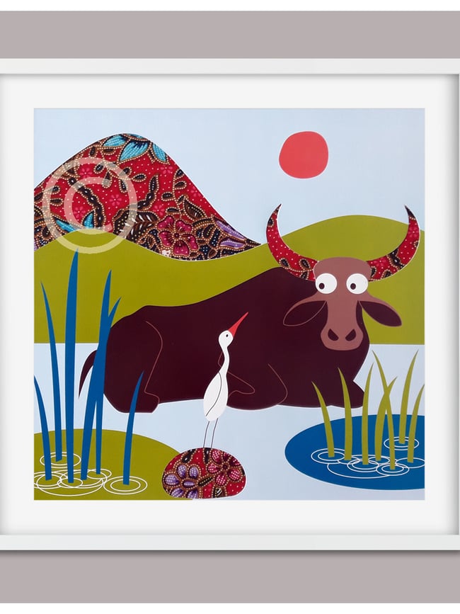 Original collage "Water Buffalo + Egret" titled in French, signed and numbered