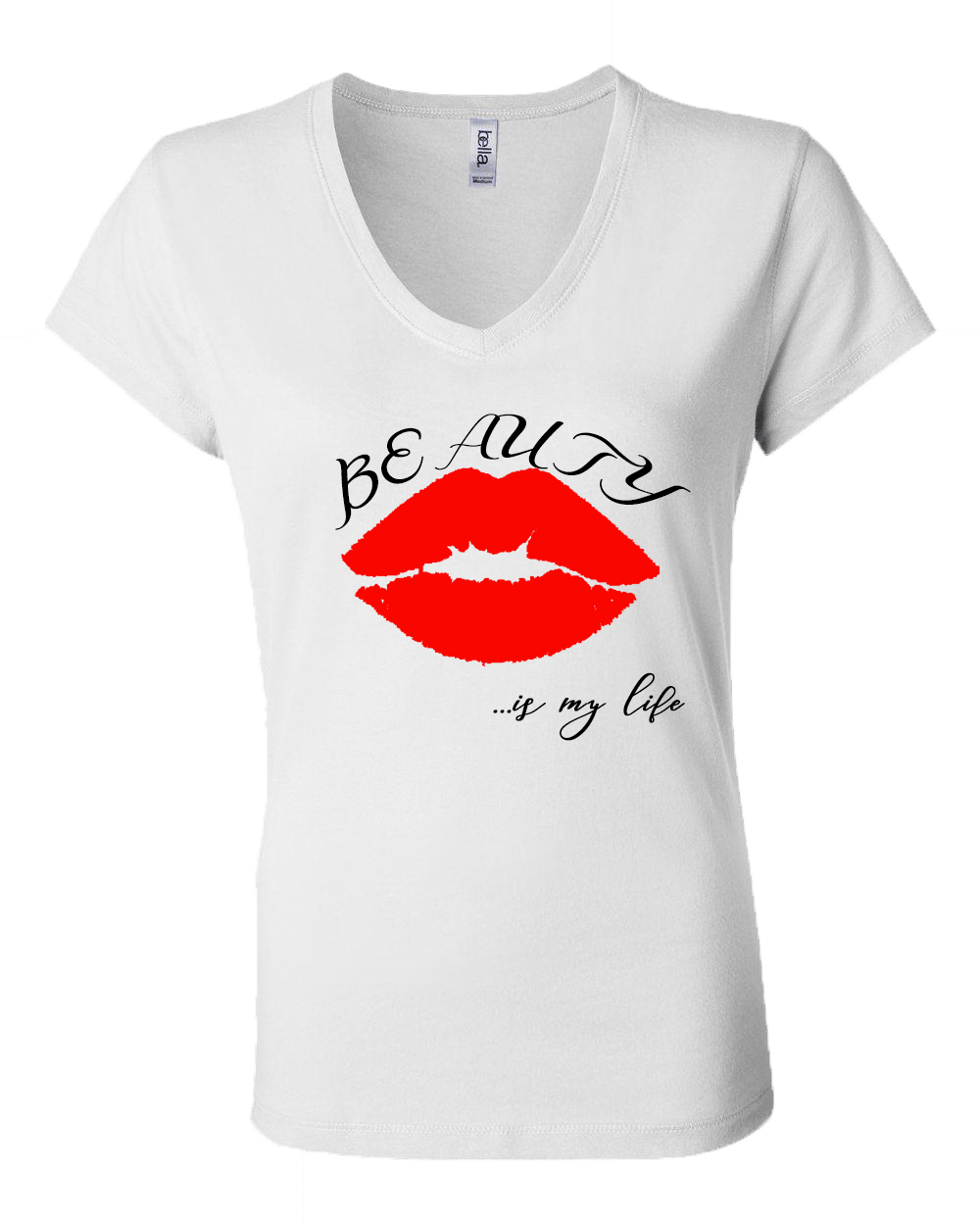 Image of "New" Beauty ...is my life V-Neck T-Shirt (White/ Red/ Black)