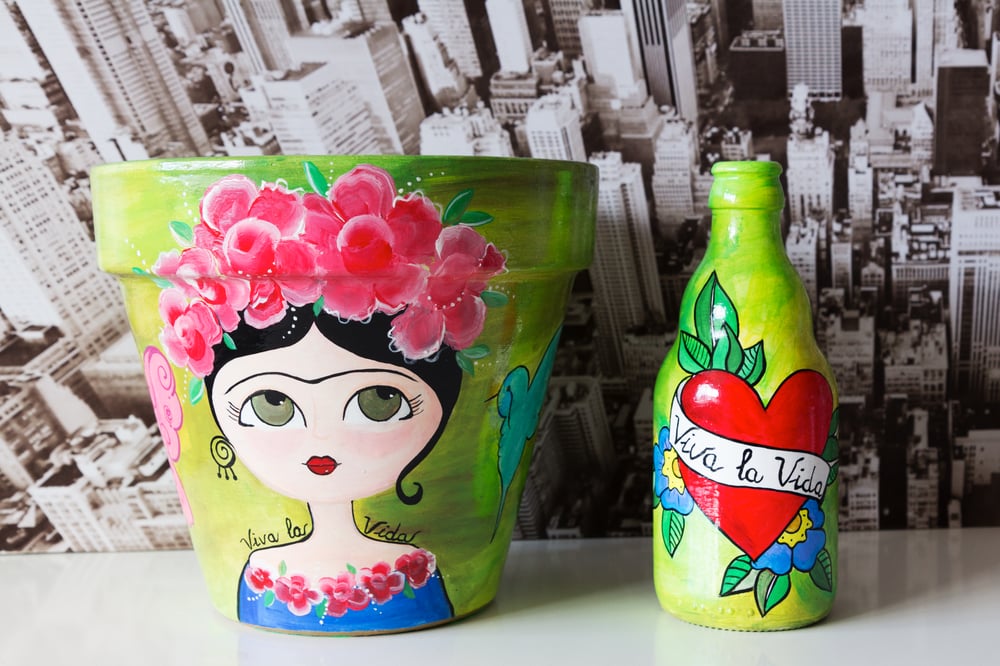 Image of Mexican style hand painted vase & bottle