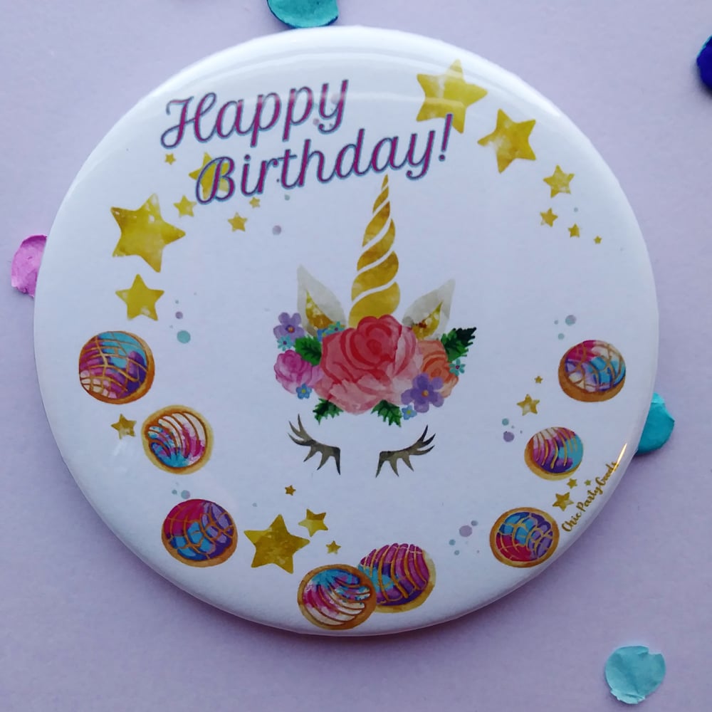 Image of Unicorn Concha Happy Birthday Button