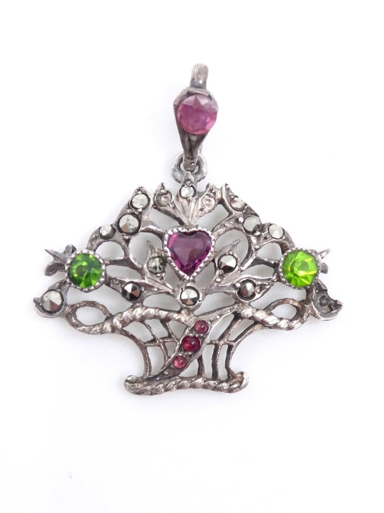 Image of Pendentif panier fleuri en argent massif marcassites et pierres Art Nouveau