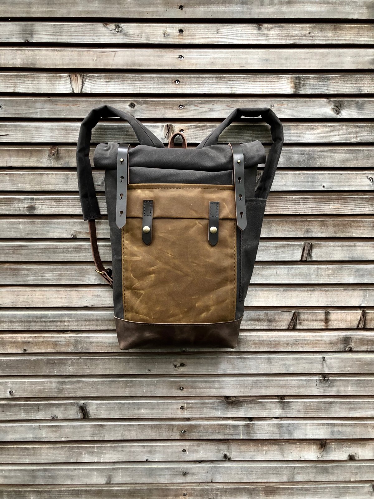 Image of Waxed canvas leather Backpack medium size / Hipster Backpack with roll up top and leather bottom