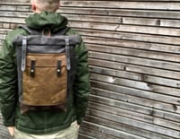 Image 1 of Waxed canvas leather Backpack medium size / Hipster Backpack with roll up top and leather bottom