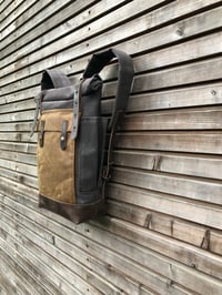 Image 3 of Waxed canvas leather Backpack medium size / Hipster Backpack with roll up top and leather bottom