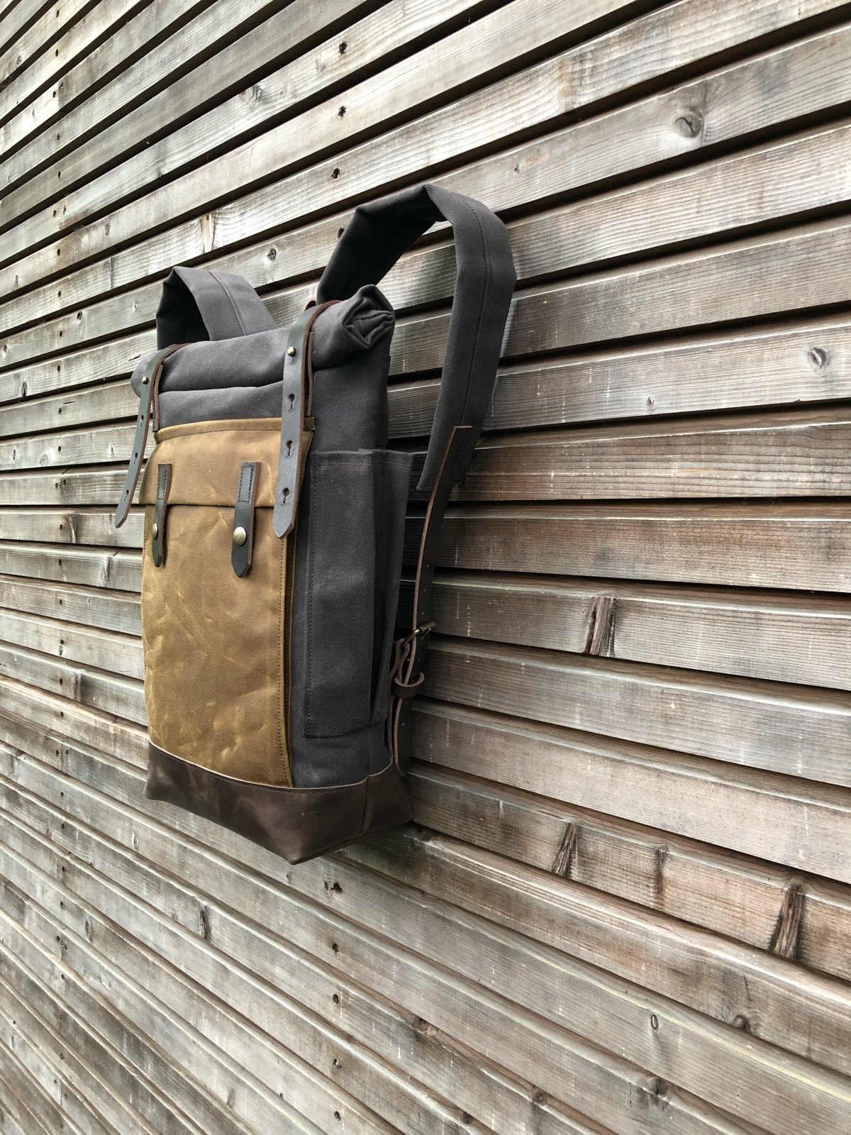 Image of Waxed canvas leather Backpack medium size / Hipster Backpack with roll up top and leather bottom
