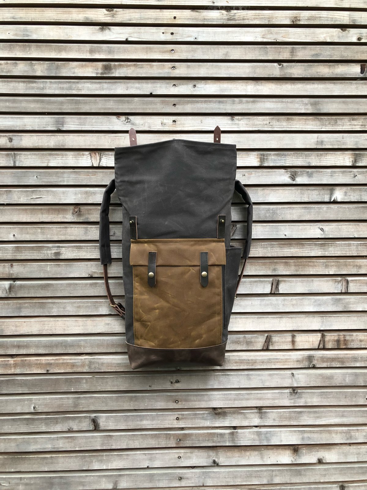 Image of Waxed canvas leather Backpack medium size / Hipster Backpack with roll up top and leather bottom
