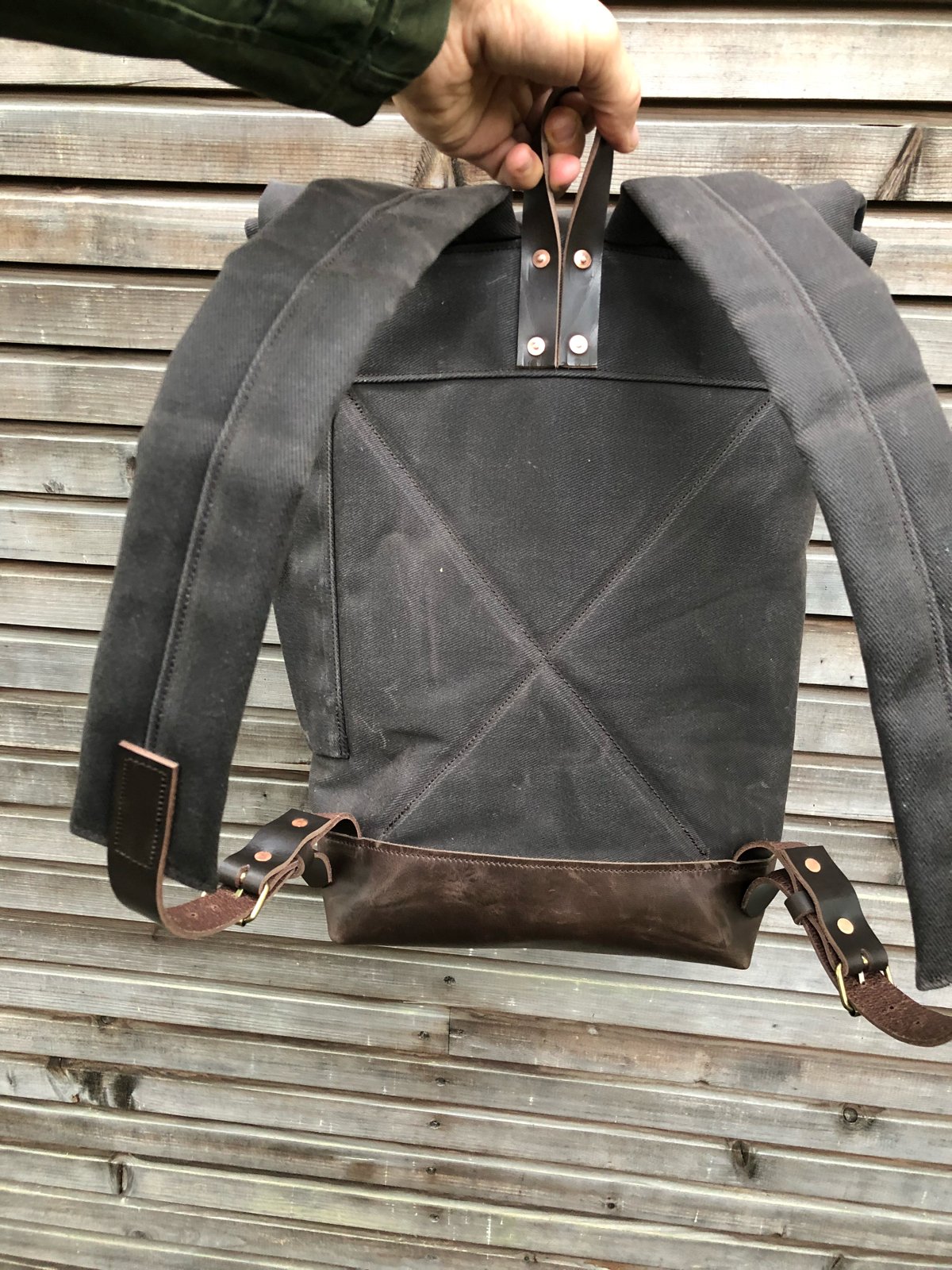 Image of Waxed canvas leather Backpack medium size / Hipster Backpack with roll up top and leather bottom