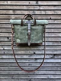 Image 2 of Waxed canvas messenger bag  / musette with leather shoulder strap and leather padded bottom