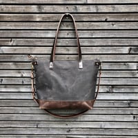 Image 1 of Canvas leather tote bag / carry all / diaper bag with leather handles and leather bottom