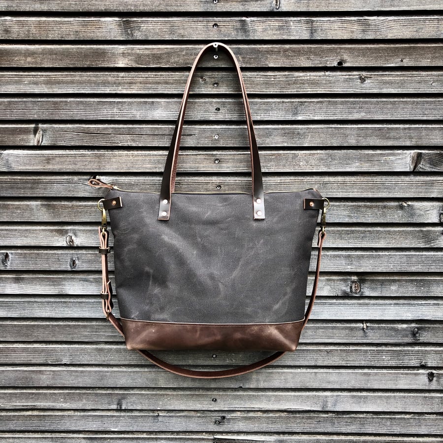 Image of Canvas leather tote bag / carry all / diaper bag with leather handles and leather bottom