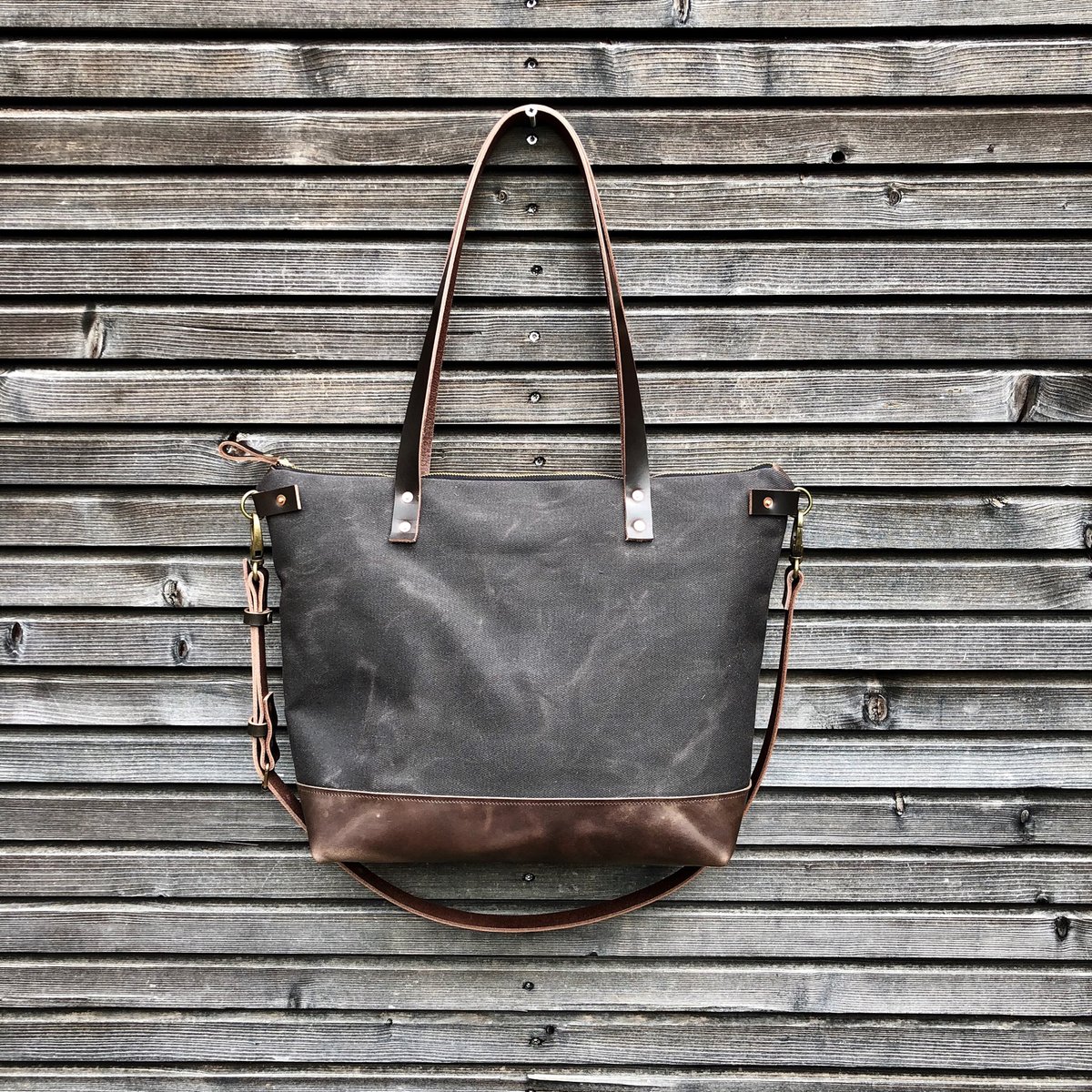 Canvas leather tote bag / carry all / diaper bag with leather handles and leather bottom ...