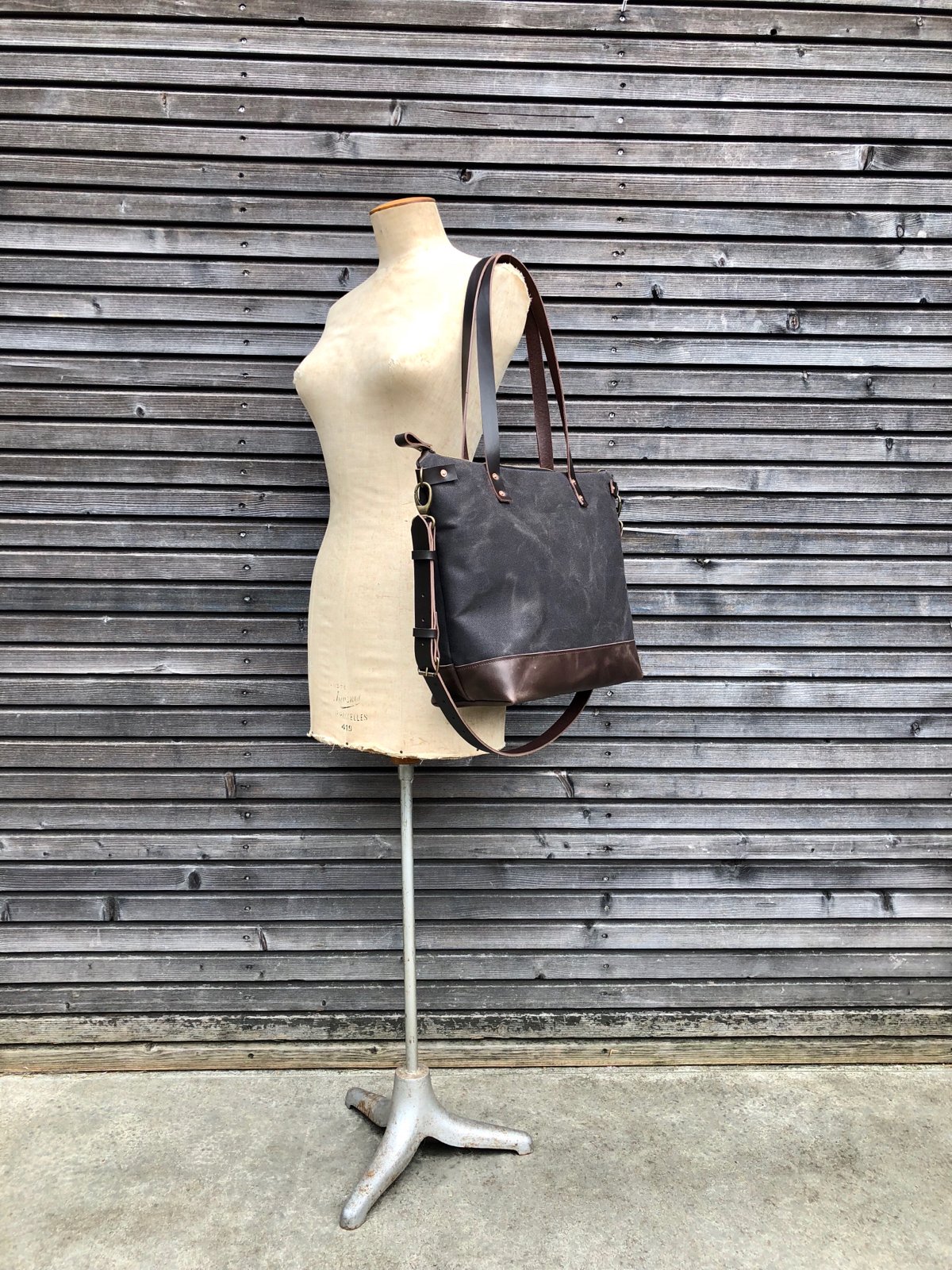 Image of Canvas leather tote bag / carry all / diaper bag with leather handles and leather bottom
