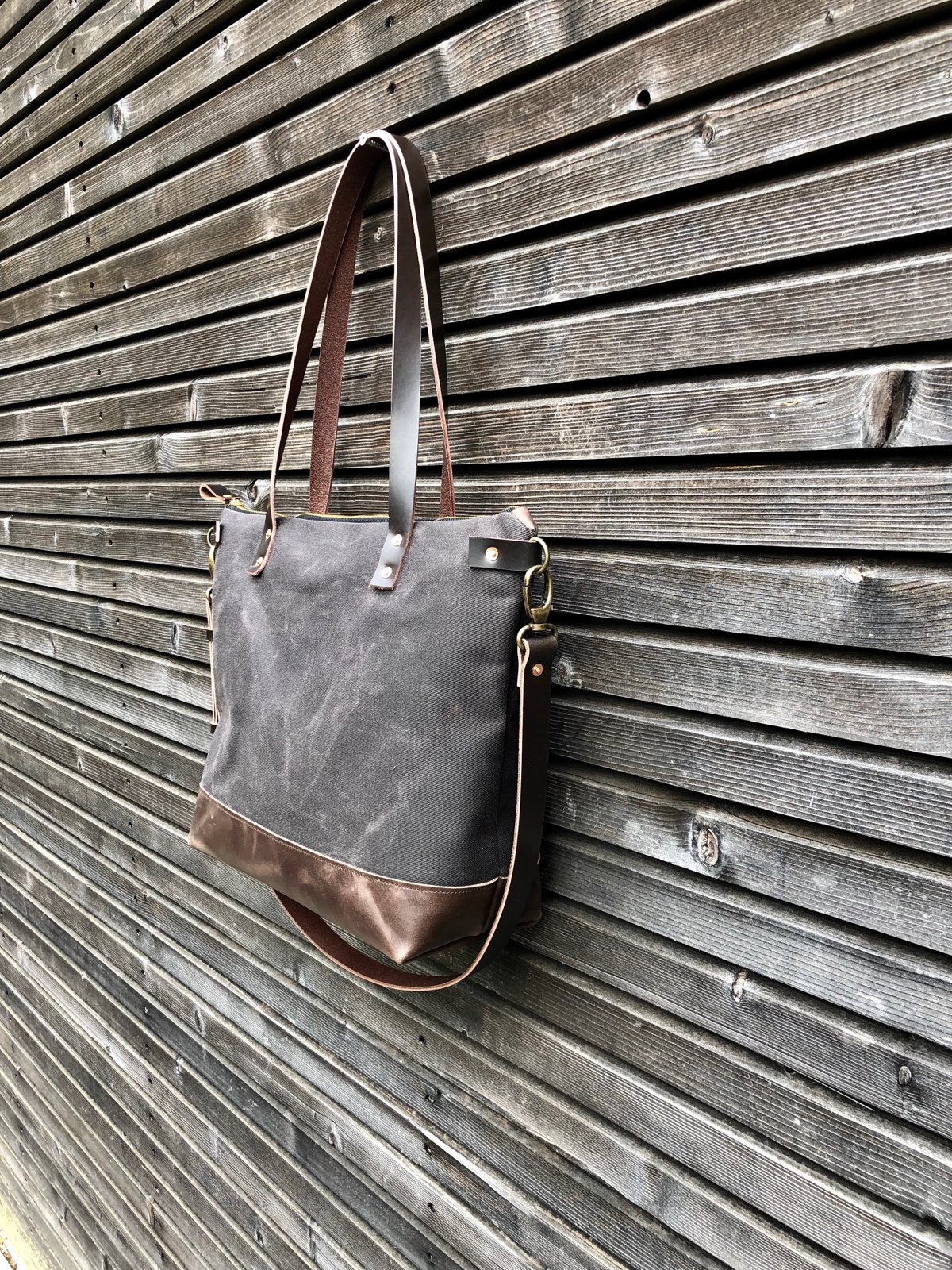 Image of Canvas leather tote bag / carry all / diaper bag with leather handles and leather bottom
