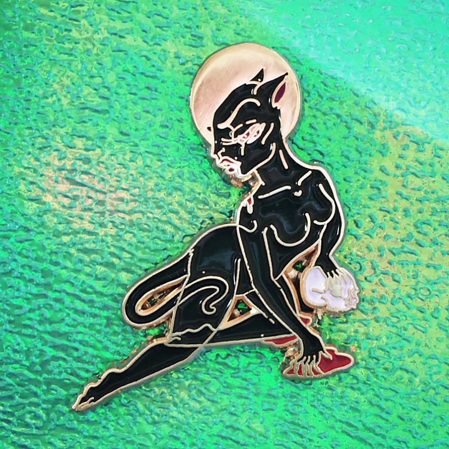 Image of Satiated Sehkmet - Black Cat Magic enamel pin