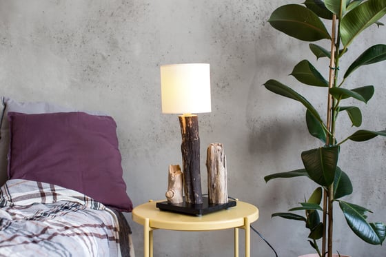 Image of Driftwood lamp with fabric lampshade. Home decor.