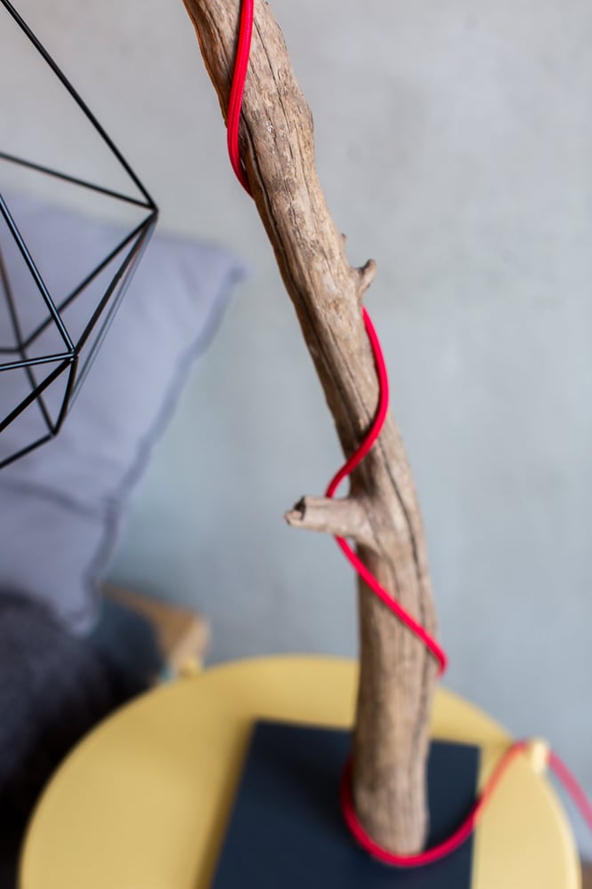 Image of Driftwood lamp with Edison bulb. Treibholzlampe. Metal shade. Red wire 2. Floor Lamp.