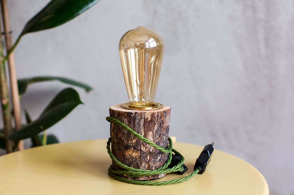 Image of Wooden Lamp GREEN WOOD. Table lamp. Edison bulb. Holzlampe. Tischleuchte.