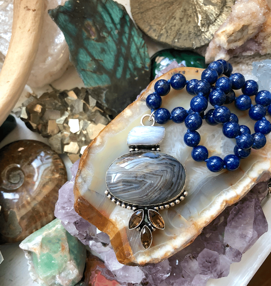 Image of Blue Lace Agate, Banded Agate + Smoky Quartz, Lapis Lazuli Necklace