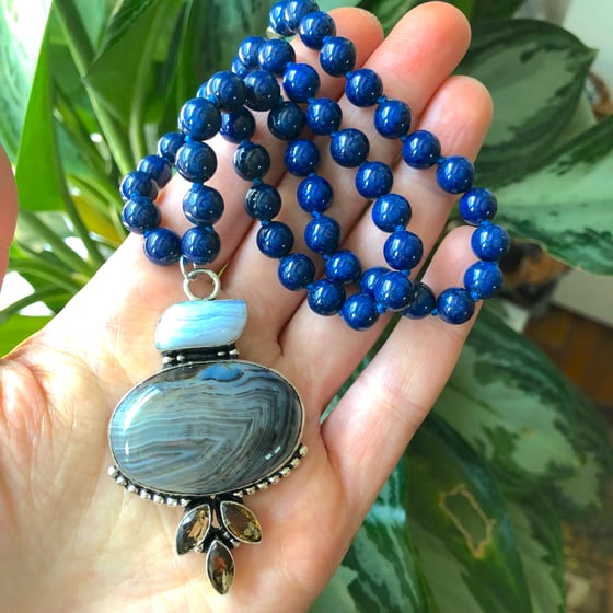 Image of Blue Lace Agate, Banded Agate + Smoky Quartz, Lapis Lazuli Necklace