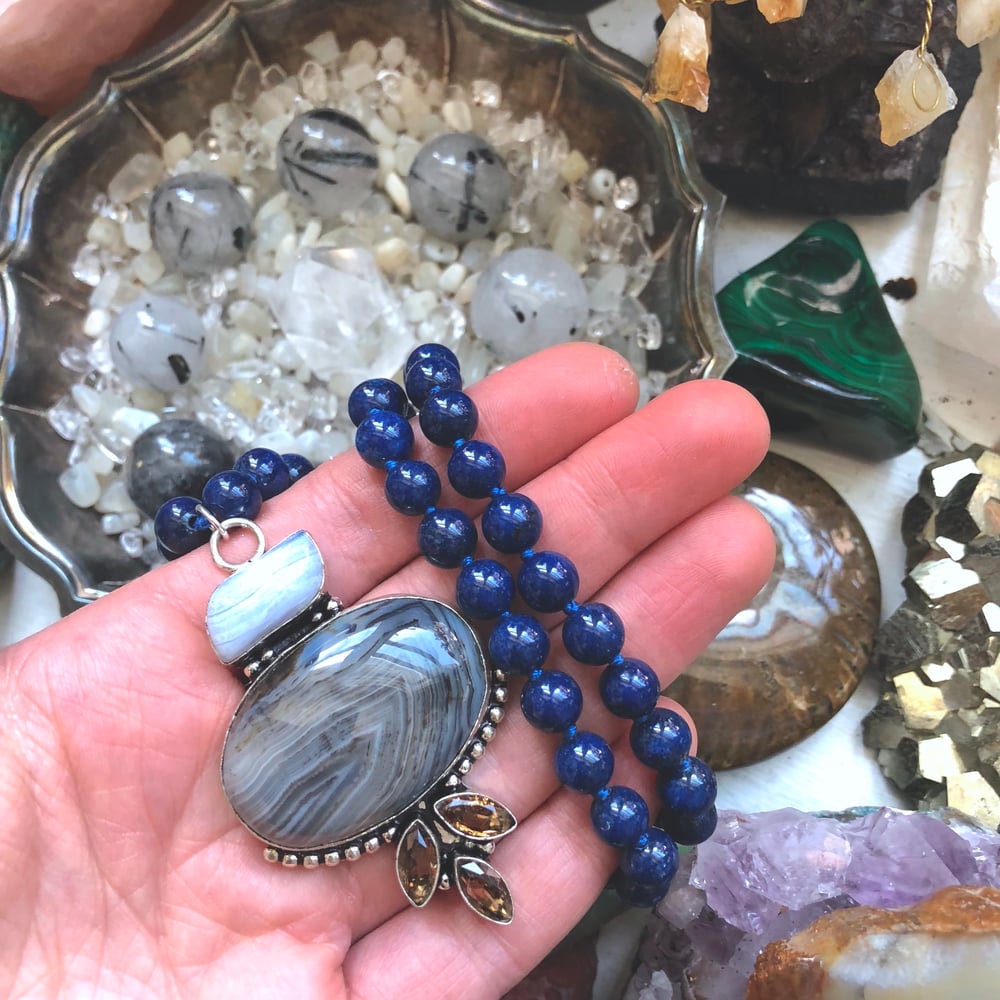 Image of Blue Lace Agate, Banded Agate + Smoky Quartz, Lapis Lazuli Necklace