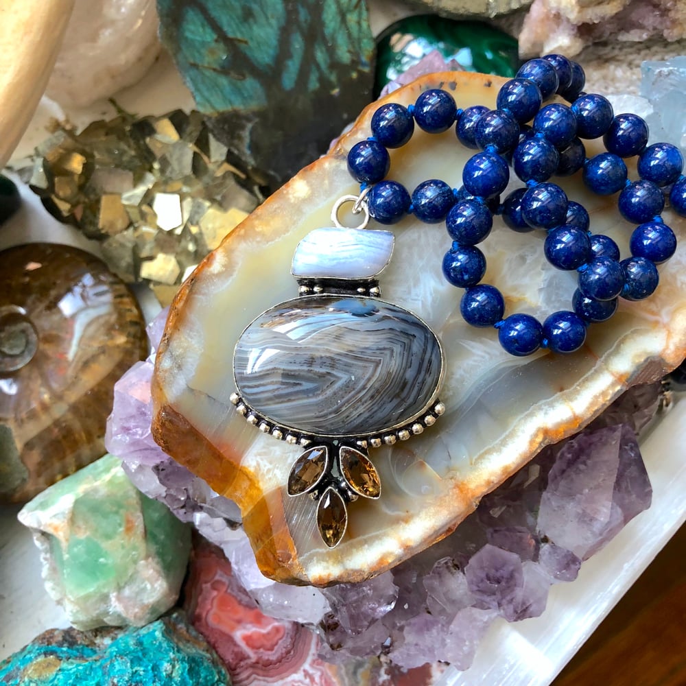 Image of Blue Lace Agate, Banded Agate + Smoky Quartz, Lapis Lazuli Necklace