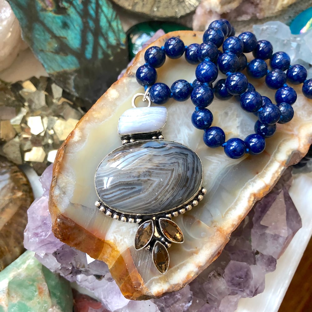 Image of Blue Lace Agate, Banded Agate + Smoky Quartz, Lapis Lazuli Necklace