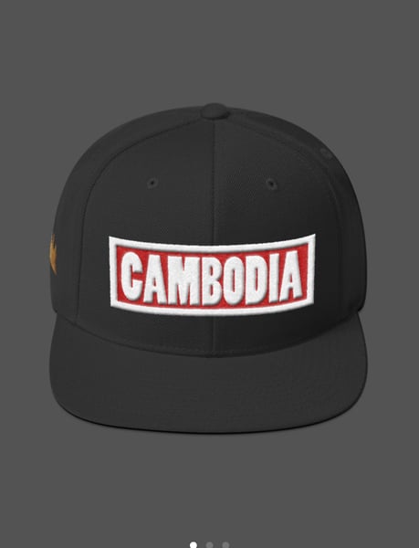 Image of Cambodia text box w Gold Angkor wat side logo- BUY 2- 10% OFF! USE CODE SNAPBACK10