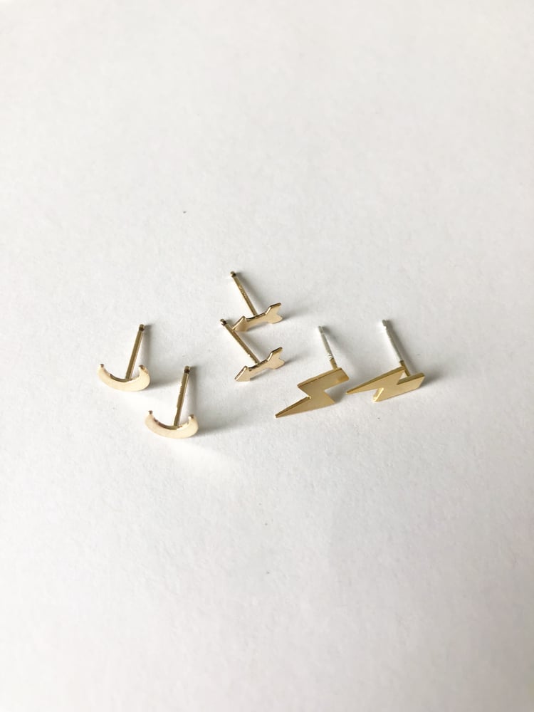 Image of Gold Post Earrings: moon, arrow or lighting bolt
