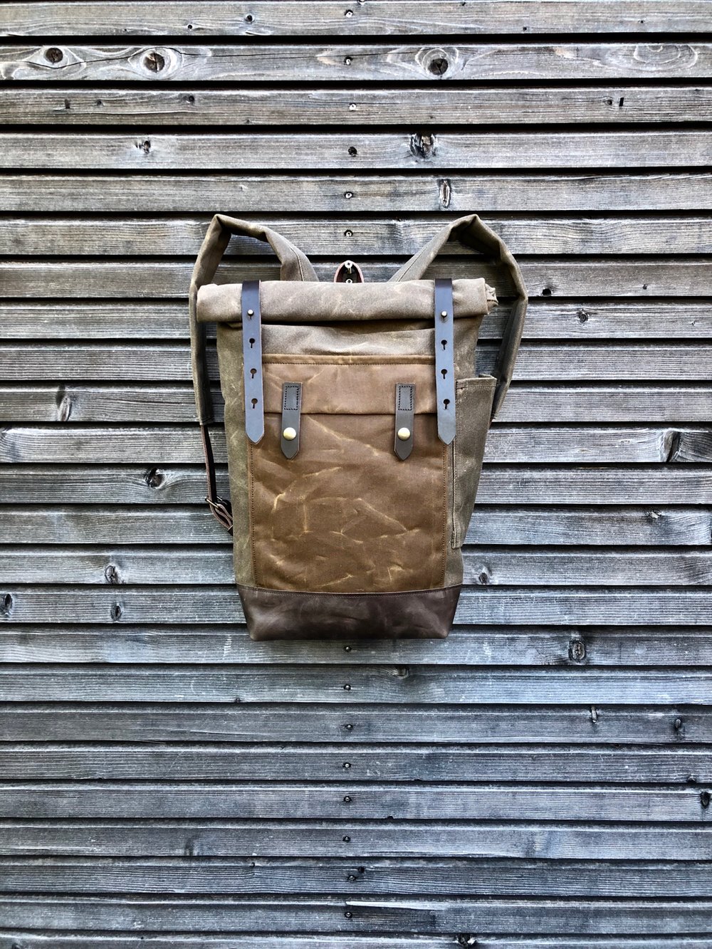 Image of Waxed canvas knapsack medium size / Hipster Backpack with roll up top and leather bottom