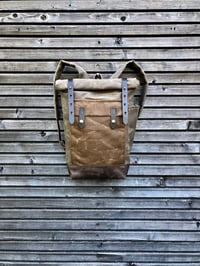 Image 1 of Waxed canvas knapsack medium size / Hipster Backpack with roll up top and leather bottom