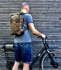 Image 2 of Waxed canvas knapsack medium size / Hipster Backpack with roll up top and leather bottom