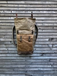 Image 4 of Waxed canvas knapsack medium size / Hipster Backpack with roll up top and leather bottom